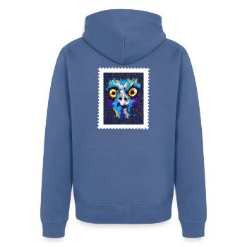Buntes Emu Vogelgesicht im Neon-Splatter - Unisex Premium Bio Zip Hoodie - Taubenblau - Hinten - Nico (187cm)