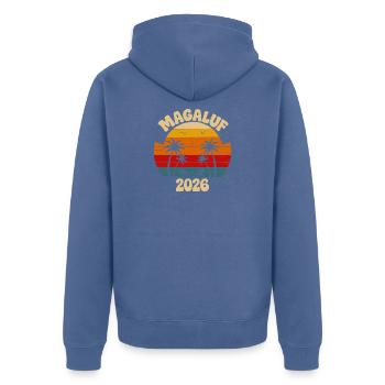 Magalour 2026 Strand Retro - Unisex Premium Bio Zip Hoodie - Taubenblau - Hinten - Nico (187cm)