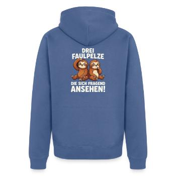 Drei Faulpelze: Fragend Ansehen - Unisex Premium Bio Zip Hoodie - Taubenblau - Hinten - Nico (187cm)