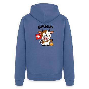 Gruezi Schweizer Kuh  - Unisex Premium Bio Zip Hoodie - Taubenblau - Hinten - Nico (187cm)