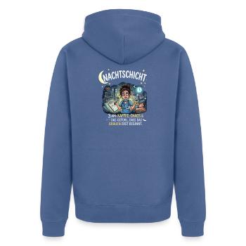 NachtSchicht Chaos Kaffee - Unisex Premium Bio Zip Hoodie - Taubenblau - Hinten - Nico (187cm)
