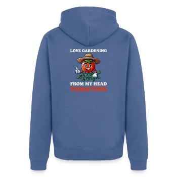 Love Gardening From My Head Tomaten-Wortspiel - Unisex Premium Bio Zip Hoodie - Taubenblau - Hinten - Nico (187cm)