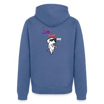 Hip Woof Day - Unisex Premium Bio Zip Hoodie - Taubenblau - Hinten - Nico (187cm)