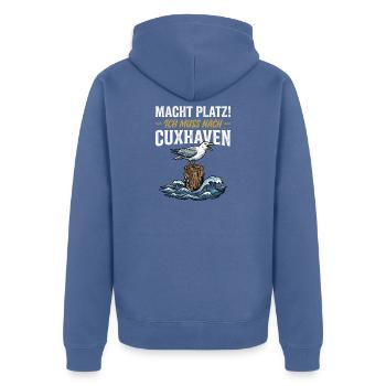 Cuxhaven Möwe Nordsee Maritim Vintage Spruch - Unisex Premium Bio Zip Hoodie - Taubenblau - Hinten - Nico (187cm)