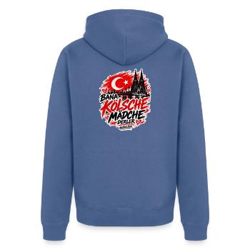 Bana Kölsche Mädche derler – Köln Streetwear - Unisex Premium Bio Zip Hoodie - Taubenblau - Hinten - Nico (187cm)
