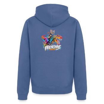 Frenchie Mode Mit Dino Raptor Hund - Unisex Premium Bio Zip Hoodie - Taubenblau - Hinten - Nico (187cm)