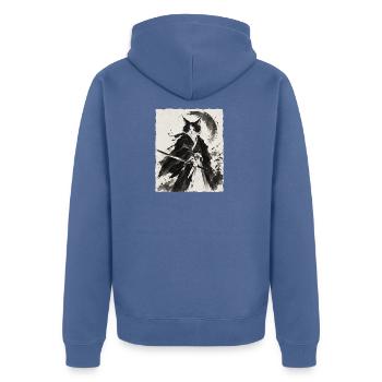 Katzen Samurai im Tintenstil - Unisex Premium Bio Zip Hoodie - Taubenblau - Hinten - Nico (187cm)