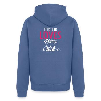This Kid Loves Hiking Mountain Explorer Spirit - Unisex Premium Bio Zip Hoodie - Taubenblau - Hinten - Nico (187cm)