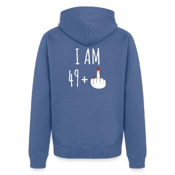 49 Plus 50 Geburtstag Frau Frecher Spruch - Unisex Premium Bio Zip Hoodie - Taubenblau - Hinten - Nico (187cm)