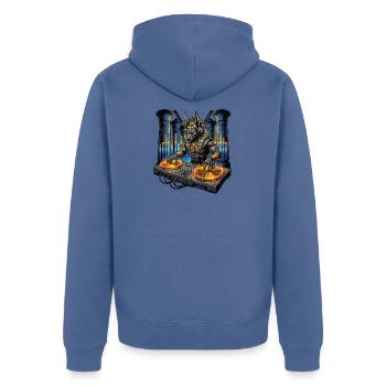 DJ Anubis an den Turntables - Unisex Premium Bio Zip Hoodie - Taubenblau - Hinten - Nico (187cm)