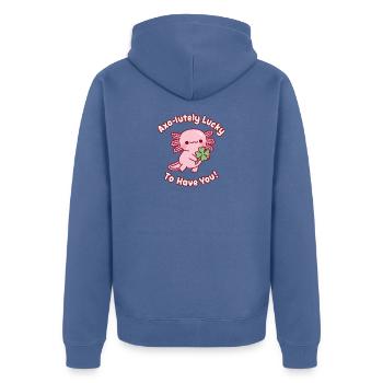 Cute Axolotl Clover Axo-lutely Lucky To Have You - Unisex Premium Organic Zip Hoodie - stone blue - Back - Nico (187cm)