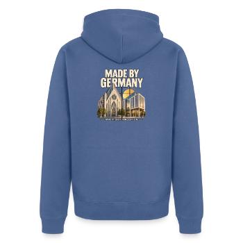 Made by Germany: Tradition trifft Innovation - Unisex Premium Bio Zip Hoodie - Taubenblau - Hinten - Nico (187cm)