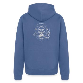 Gorilla mit Kopfhörern und Zigarren-Tee - Unisex Premium Bio Zip Hoodie - Taubenblau - Hinten - Nico (187cm)