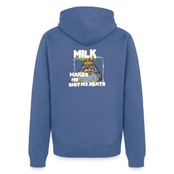 King Sparrow – Das ehrlichste Shirt für echte Type - Unisex Premium Bio Zip Hoodie - Taubenblau - Hinten - Nico (187cm)