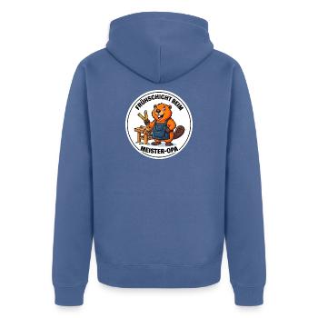 Frühschicht Meister-Opa Heimwerker T-Shirt - Unisex Premium Bio Zip Hoodie - Taubenblau - Hinten - Nico (187cm)