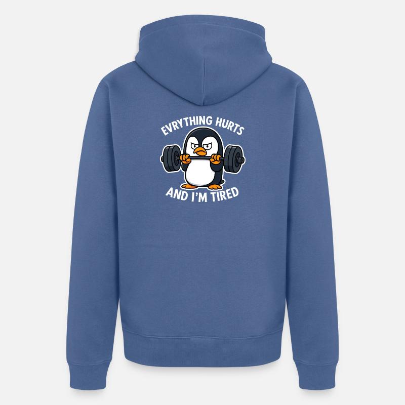 Grumpy Penguin Lifting Weights - Veste à capuche bio Premium Unisexe - bleu pigeon