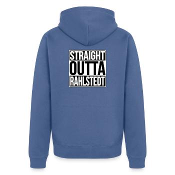 STRAIGHT OUTTA RAHLSTEDT HAMBURG - Unisex Premium Bio Zip Hoodie - Taubenblau - Hinten - Nico (187cm)
