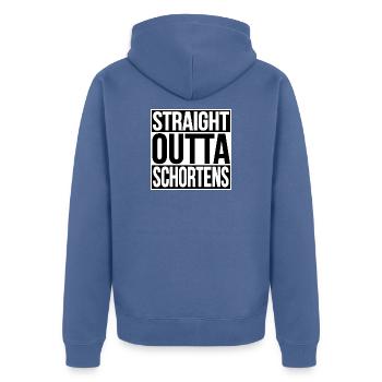 STRAIGHT OUTTA SCHORTENS - Unisex Premium Bio Zip Hoodie - Taubenblau - Hinten - Nico (187cm)