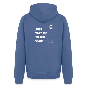 Just take me to the Oche  - Unisex Premium Bio Zip Hoodie - Taubenblau - Hinten - Nico (187cm)