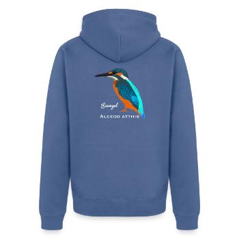 Eisvogel, wissenschaftliche / deutsche Bezeichnung - Unisex Premium Bio Zip Hoodie - Taubenblau - Hinten - Nico (187cm)