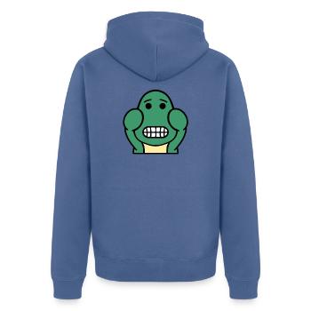 Dolly Grinsen - Unisex Premium Bio Zip Hoodie - Taubenblau - Hinten - Nico (187cm)