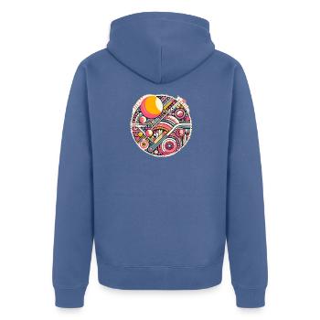 Neon Geometry — Orbit Bloom - Unisex Premium Bio Zip Hoodie - Taubenblau - Hinten - Nico (187cm)