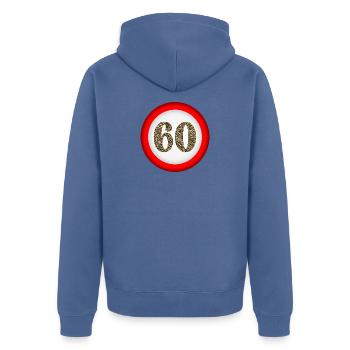 60e anniversaire - NUMÉRO 60 ATTENTION - Veste à capuche bio Premium Unisexe - bleu pigeon - Dos - Nico (187cm)