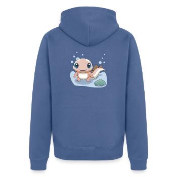 Kleiner rosa Salamander am Ufer - Unisex Premium Bio Zip Hoodie - Taubenblau - Hinten - Nico (187cm)