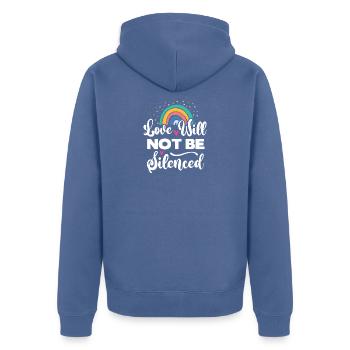 Mois de la fierté LGBTQ - L’amour ne sera pas réduit au silence - Veste à capuche bio Premium Unisexe - bleu pigeon - Dos - Nico (187cm)