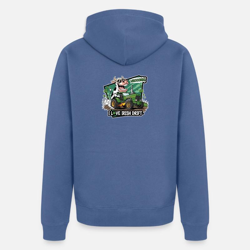 Vache irlandaise avec tracteur vert - Veste à capuche bio Premium Unisexe - bleu pigeon