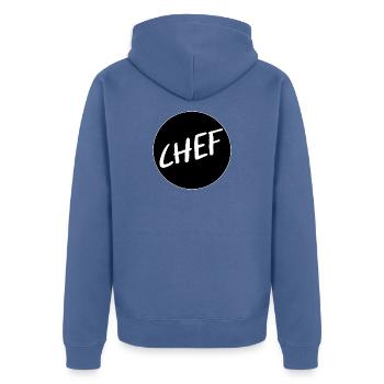 CHEF VORGESETZTER - Unisex Premium Bio Zip Hoodie - Taubenblau - Hinten - Nico (187cm)