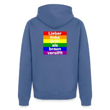 ICH BIN GERNE LINKS GRÜN VERSIFFT, NO NZS, FRIEDEN - Unisex Premium Bio Zip Hoodie - Taubenblau - Hinten - Nico (187cm)