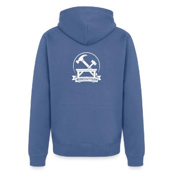 Werkstattteam – Hammer Emblem – Handwerker Design - Unisex Premium Bio Zip Hoodie - Taubenblau - Hinten - Nico (187cm)