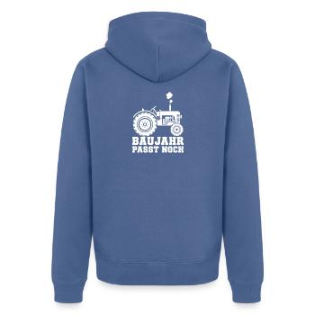 Baujahr passt noch Traktor Landwirt T-Shirt - Unisex Premium Bio Zip Hoodie - Taubenblau - Hinten - Nico (187cm)