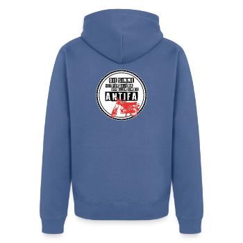 Die Simme ist für alle da (dunkel) - Unisex Premium Bio Zip Hoodie - Taubenblau - Hinten - Nico (187cm)
