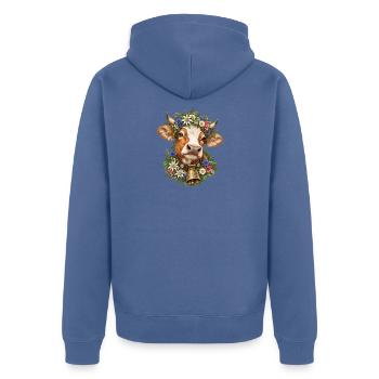 Kuh mit Blumenkrone – Alpenliebe & Tracht - Unisex Premium Bio Zip Hoodie - Taubenblau - Hinten - Nico (187cm)