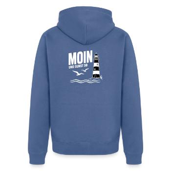 Moin und sunst so Leuchtturm Küste Nordsee Shirt - Unisex Premium Bio Zip Hoodie - Taubenblau - Hinten - Nico (187cm)