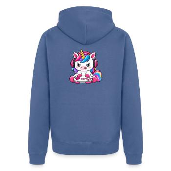 Cute_gaming_unicorn - Unisex Premium Bio Zip Hoodie - Taubenblau - Hinten - Nico (187cm)