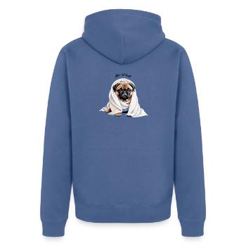 Mops "Mir ist kalt"-Niedlicher Hund im Handtuch - Unisex Premium Bio Zip Hoodie - Taubenblau - Hinten - Nico (187cm)