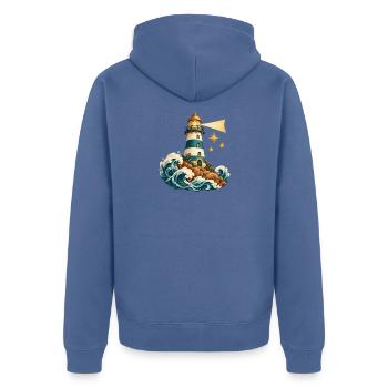 Aquarell Leuchtturm auf den Wellen - Unisex Premium Bio Zip Hoodie - Taubenblau - Hinten - Nico (187cm)