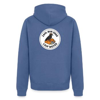 Hofladen Rabe Kürbis Vertrauenskasse T-Shirt - Unisex Premium Bio Zip Hoodie - Taubenblau - Hinten - Nico (187cm)