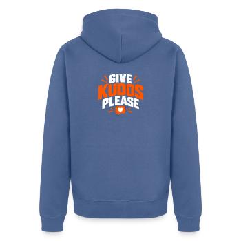 Gebt bitte Kudos-Shirt, Kudos-Laufshirt - Unisex Premium Bio Zip Hoodie - Taubenblau - Hinten - Nico (187cm)