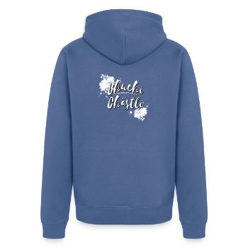 Chuchichästli typo | Chuchichäschtli  - Unisex Premium Bio Zip Hoodie - Taubenblau - Hinten - Nico (187cm)