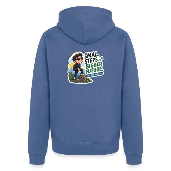 Kleine Schritte, größere Zukunft | Langfristiger Investor - Unisex Premium Bio Zip Hoodie - Taubenblau - Hinten - Nico (187cm)