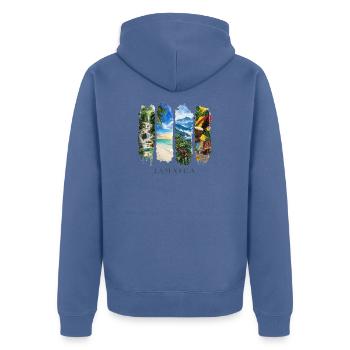 Voyage de vacances en Jamaïque – Reggae caribéen & culture - Veste à capuche bio Premium Unisexe - bleu pigeon - Dos - Nico (187cm)