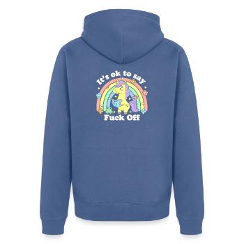 Unicorn Rainbow: It’s OK to Say F Off - Unisex Premium Organic Zip Hoodie - stone blue - Back - Nico (187cm)
