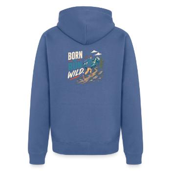 Trailrunning – Geboren, um wild zu laufen - Unisex Premium Bio Zip Hoodie - Taubenblau - Hinten - Nico (187cm)