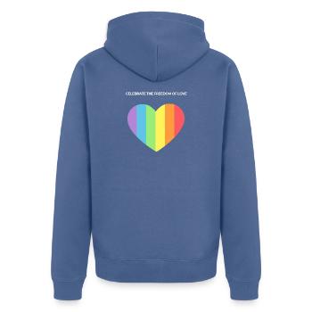 Herz der Pride: Freiheit der Liebe - Unisex Premium Bio Zip Hoodie - Taubenblau - Hinten - Nico (187cm)