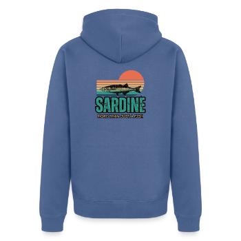 Sardines rétro - Sardines drôles - Veste à capuche bio Premium Unisexe - bleu pigeon - Dos - Nico (187cm)