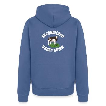 Secondhand Vegetarier Kuh - Unisex Premium Bio Zip Hoodie - Taubenblau - Hinten - Nico (187cm)